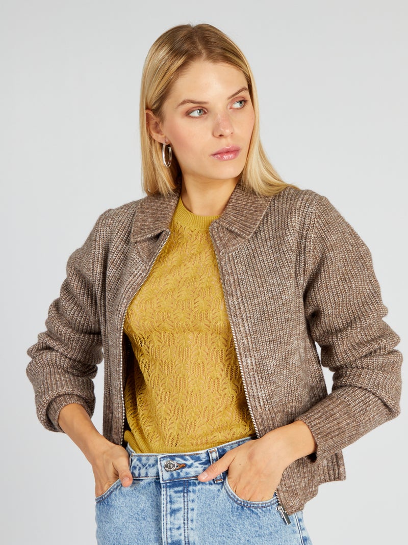 Jersey corto de punto con cremallera MARRON - Kiabi
