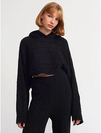 Jersey corto oversize de punto trenzado con capucha