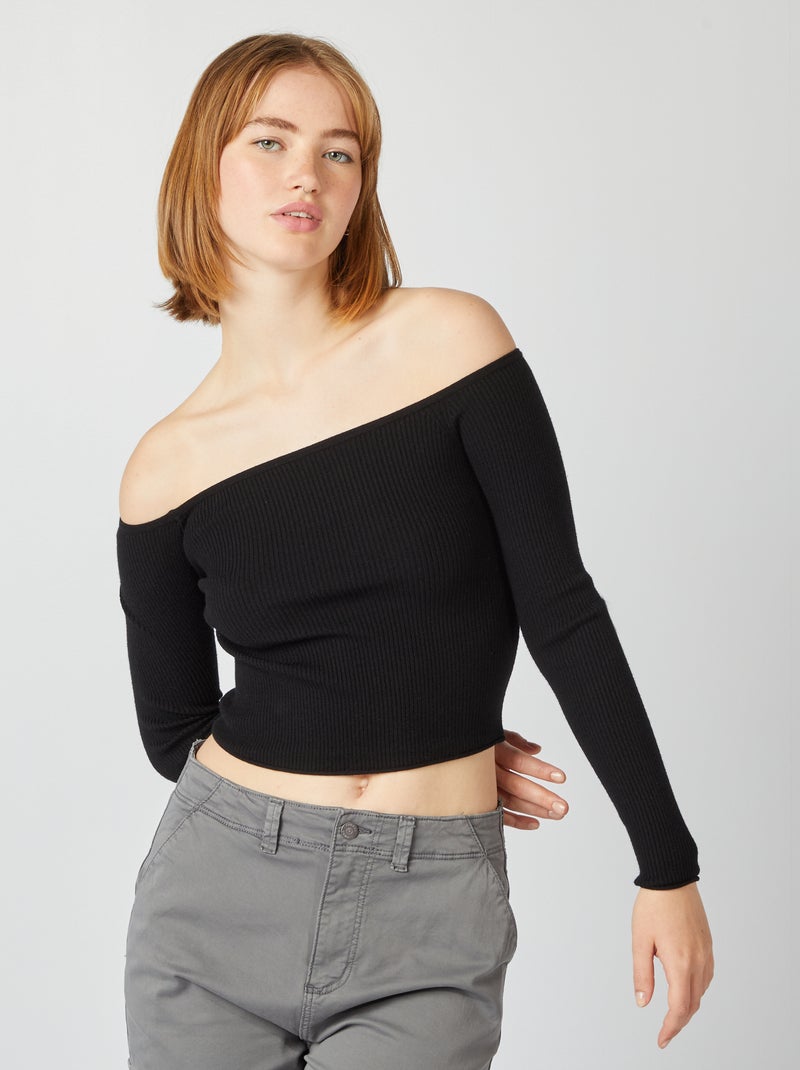 Jersey crop top cuello bardot negro - Kiabi