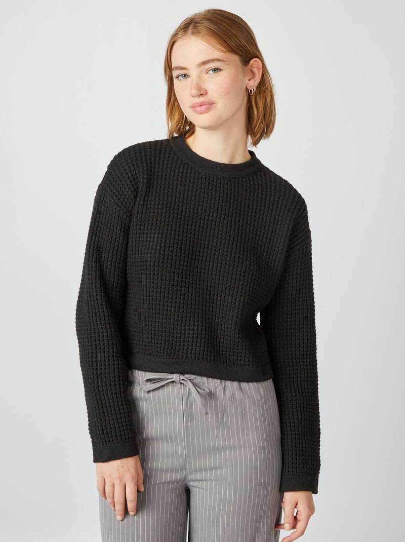 Jersey crop top de punto de fantasía negro - Kiabi