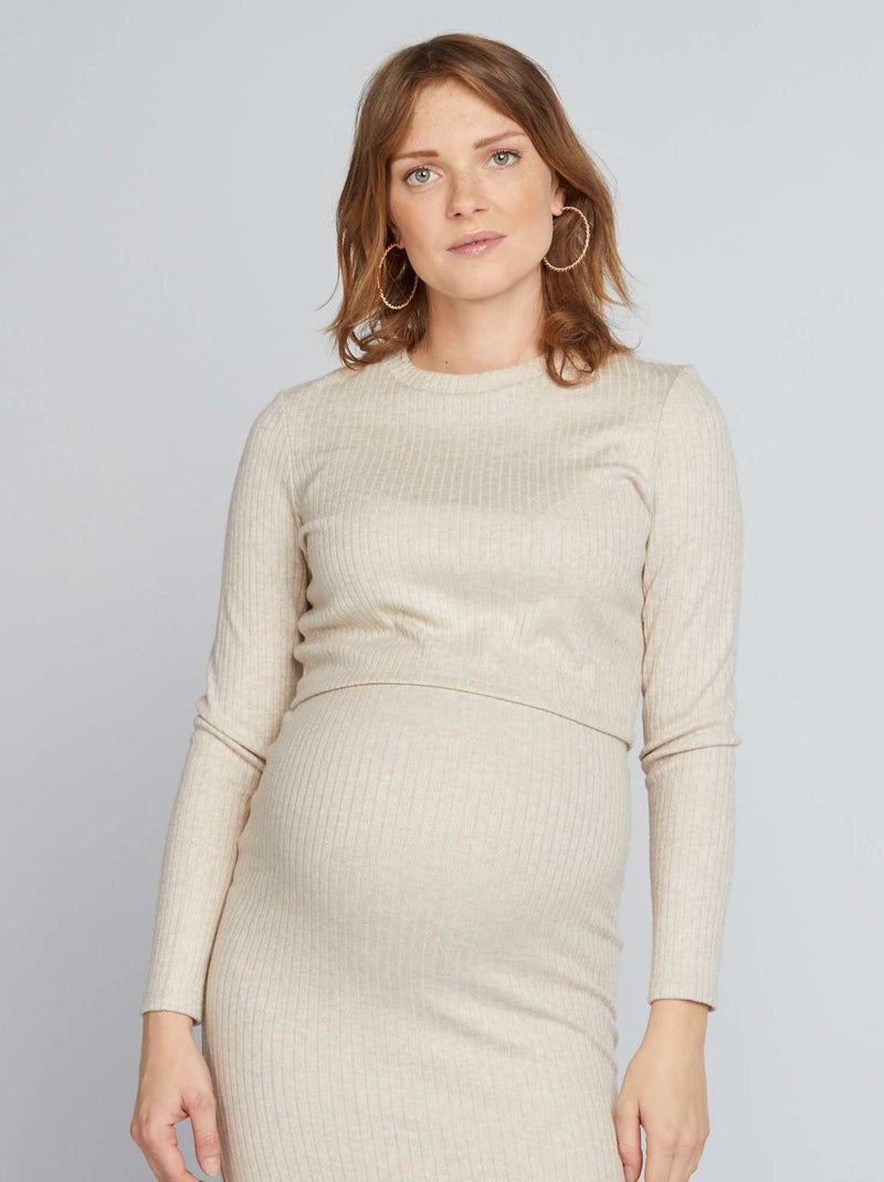 Jersey cropped premamá de punto de canalé BEIGE - Kiabi