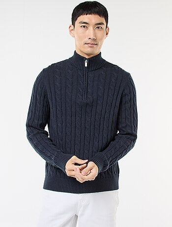 Jersey cuello cremallera y diseño trenzado de algodón