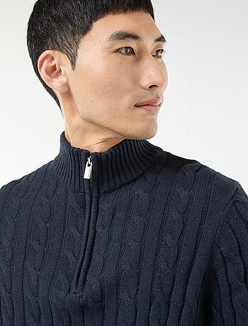 Jersey cuello cremallera y diseño trenzado de algodón