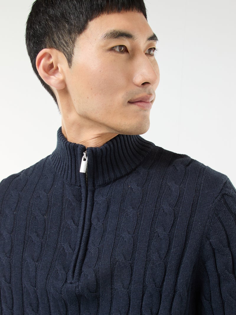 Jersey cuello cremallera y diseño trenzado de algodón Azul - Kiabi