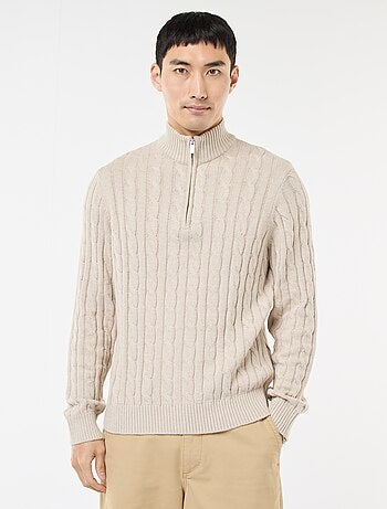 Jersey cuello cremallera y diseño trenzado de algodón