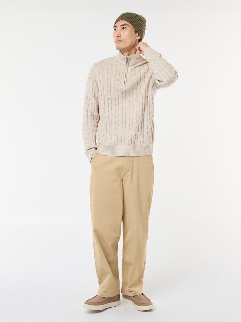 Jersey cuello cremallera y diseño trenzado de algodón Beige - Kiabi