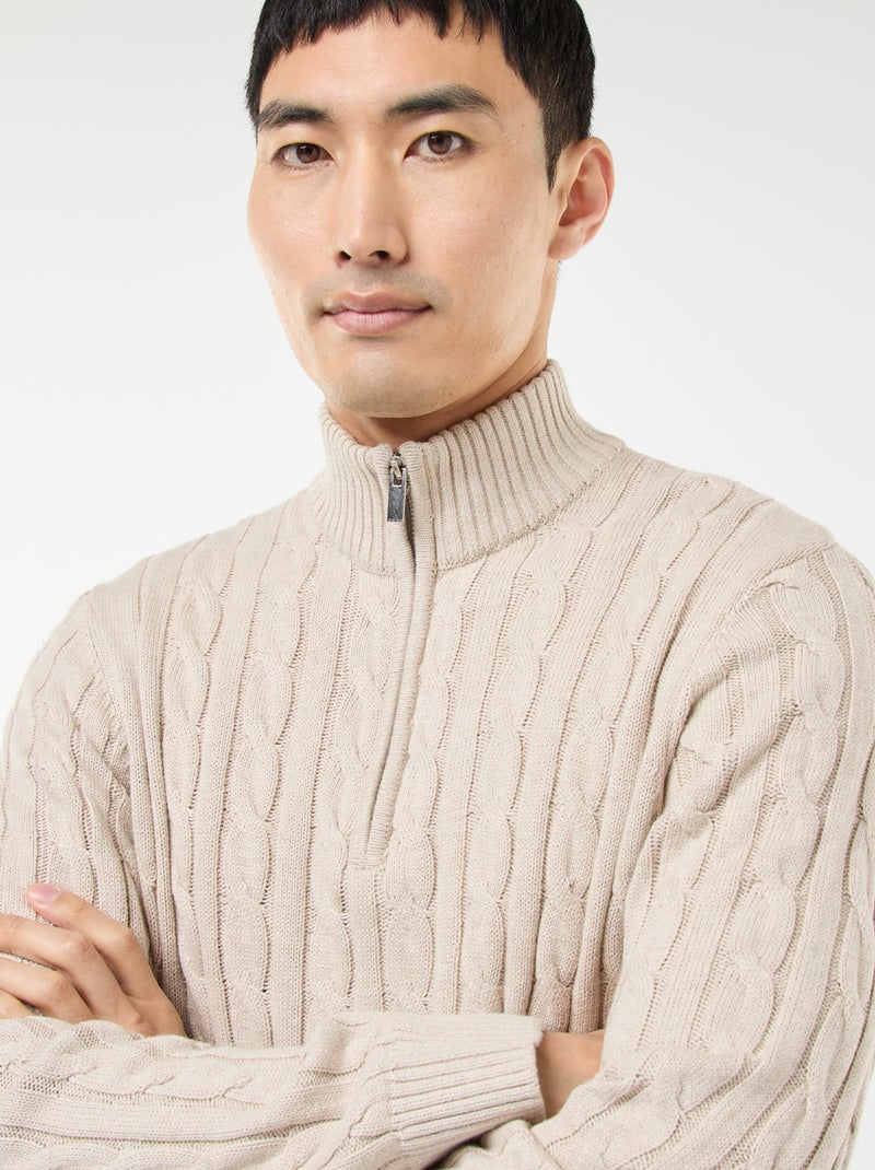 Jersey cuello cremallera y diseño trenzado de algodón Beige - Kiabi