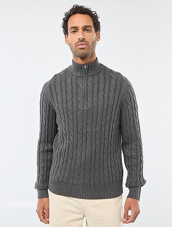 Jersey cuello cremallera y diseño trenzado de algodón