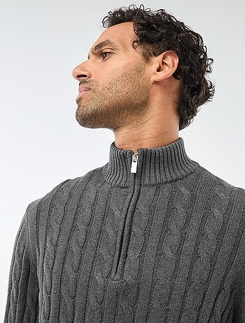 Jersey cuello cremallera y diseño trenzado de algodón