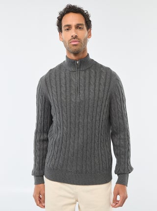 Jersey cuello cremallera y diseño trenzado de algodón