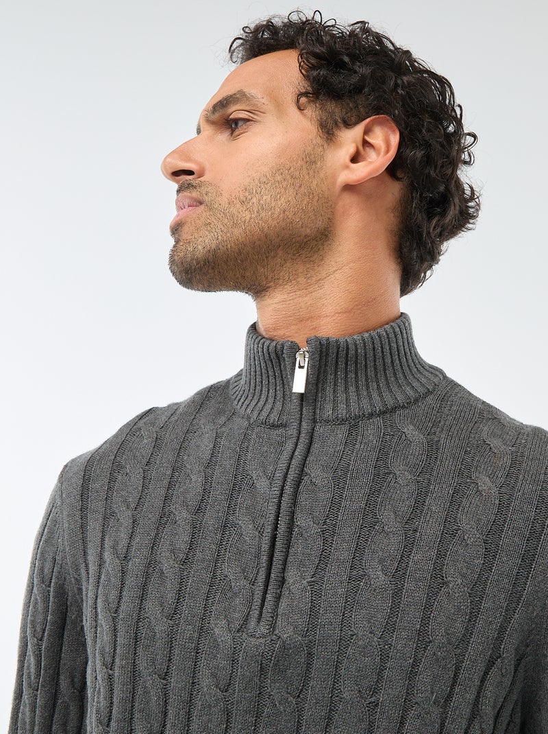 Jersey cuello cremallera y diseño trenzado de algodón Gris - Kiabi