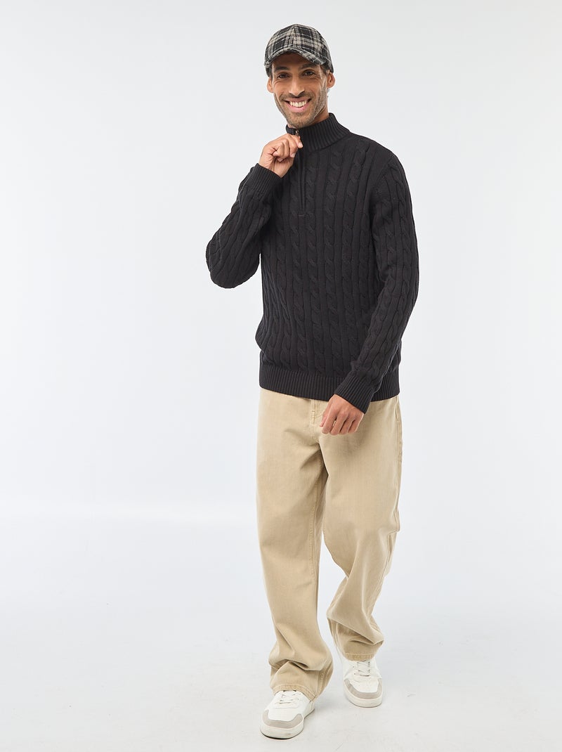 Jersey cuello cremallera y diseño trenzado de algodón Negro - Kiabi