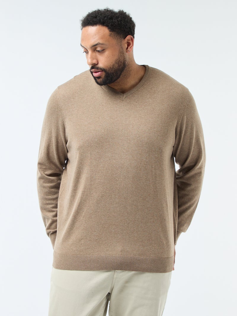 Jersey cuello en pico de punto fino Marron - Kiabi