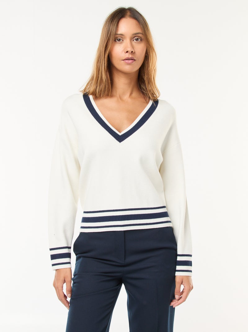 Jersey cuello en V con bandas contrastadas Blanco - Kiabi