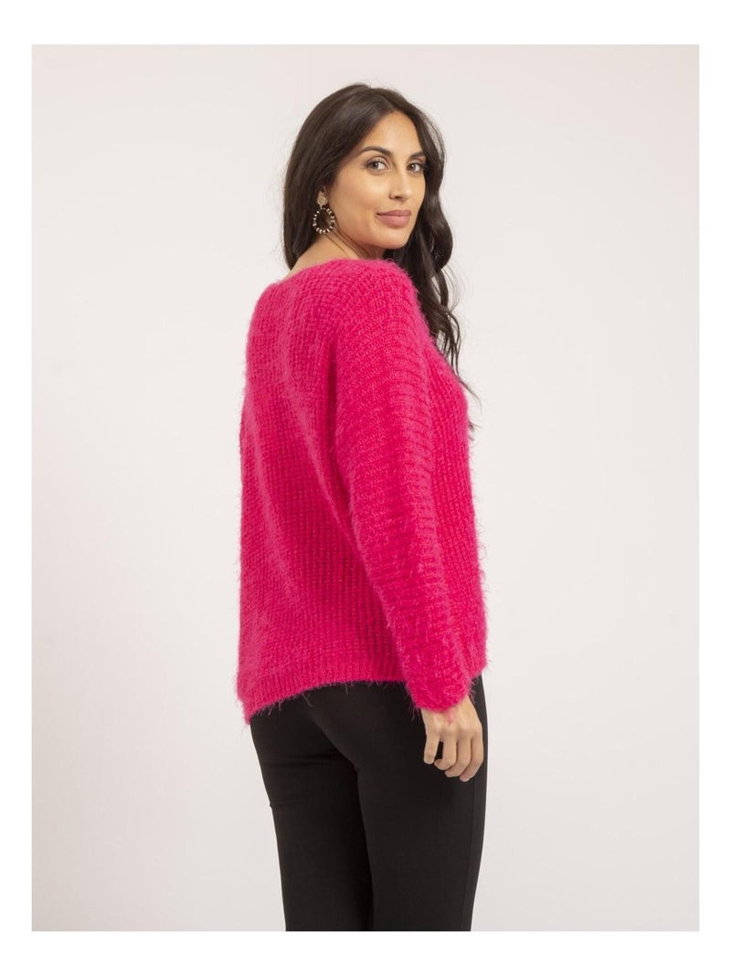 Jersey cuello en V punto chenilla KRISTINA Rosa fucsia - Kiabi
