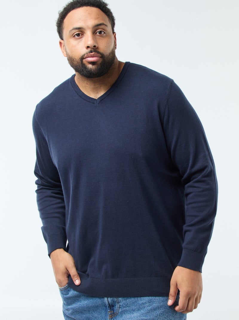 Jersey cuello pico de punto fino Azul - Kiabi