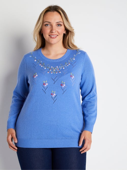 Jersey cuello redondo calado bordado liso suave - Afibel - Kiabi