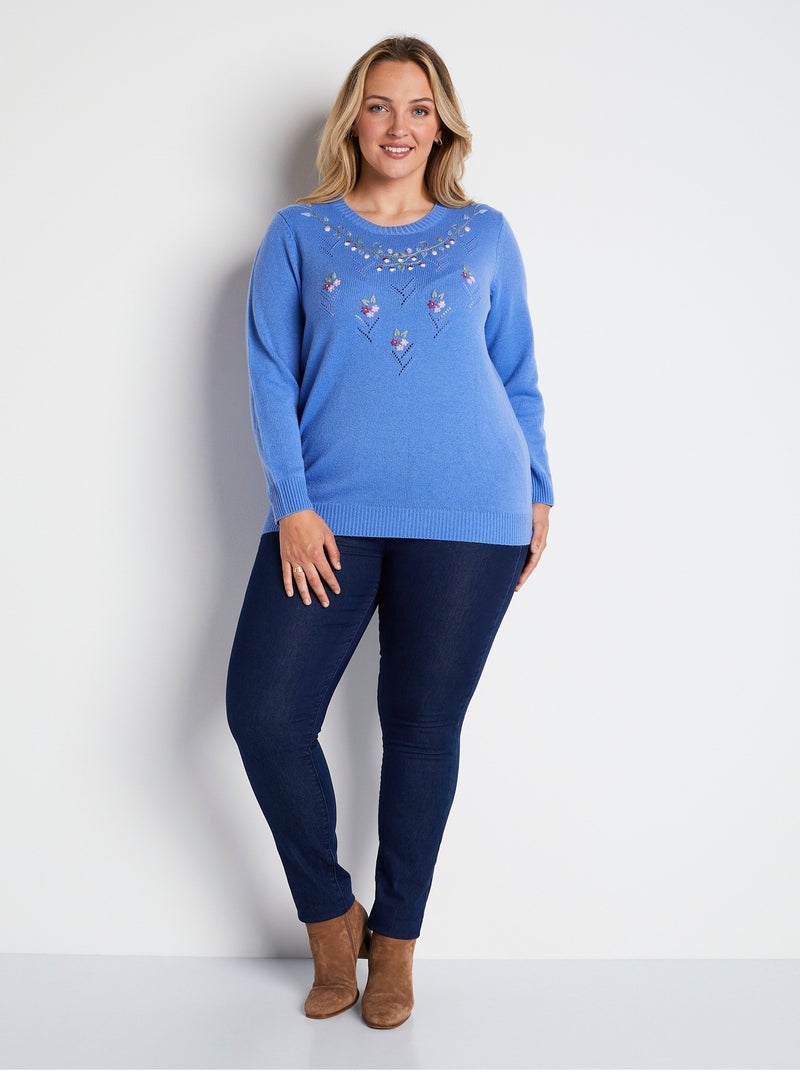 Jersey cuello redondo calado bordado liso suave - Afibel Azul - Kiabi