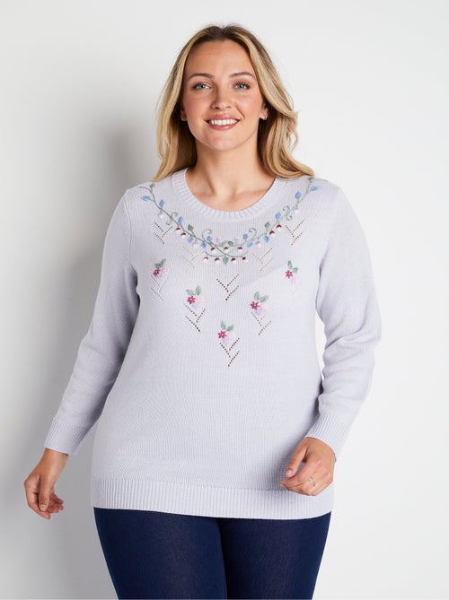 Jersey cuello redondo calado bordado liso suave - Afibel - Kiabi