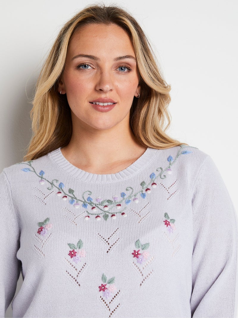 Jersey cuello redondo calado bordado liso suave - Afibel Plata - Kiabi