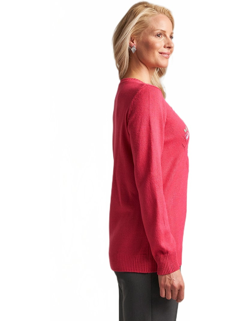 Jersey cuello redondo calado bordado liso suave - Afibel Rosa - Kiabi