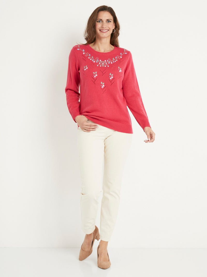 Jersey cuello redondo calado bordado liso suave - Afibel Rosa - Kiabi