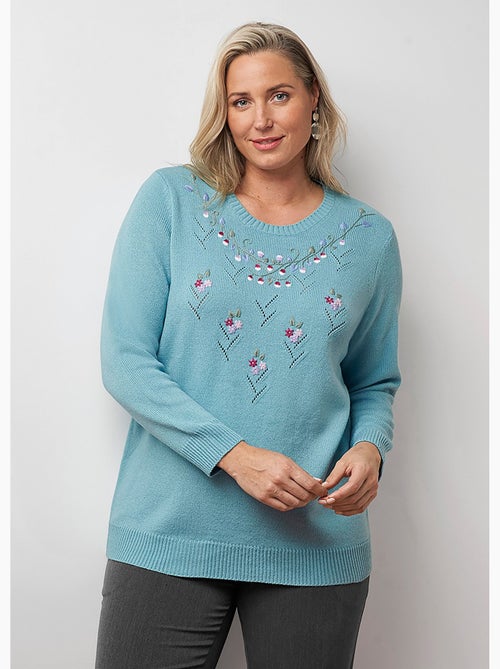 Jersey cuello redondo calado bordado liso suave - Afibel - Kiabi