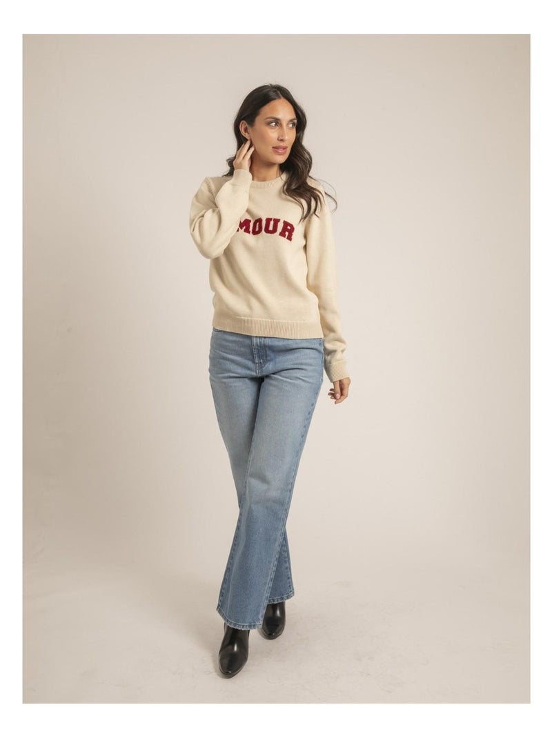 Jersey cuello redondo de puro algodón con mensaje KOURI Beige - Kiabi