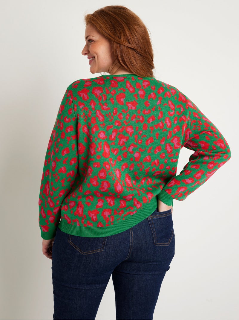 Jersey cuello redondo estampado leopardo - Afibel Verde - Kiabi