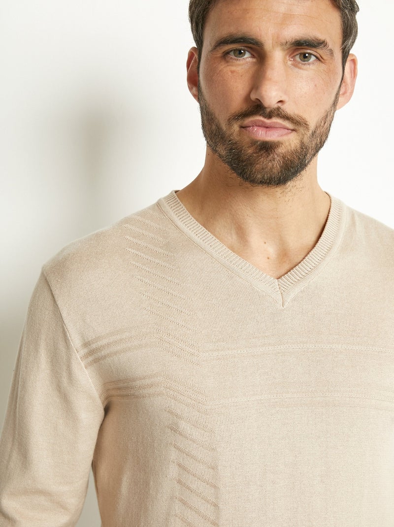 Jersey de algodón de manga larga con cuello de pico - Afibel Beige - Kiabi