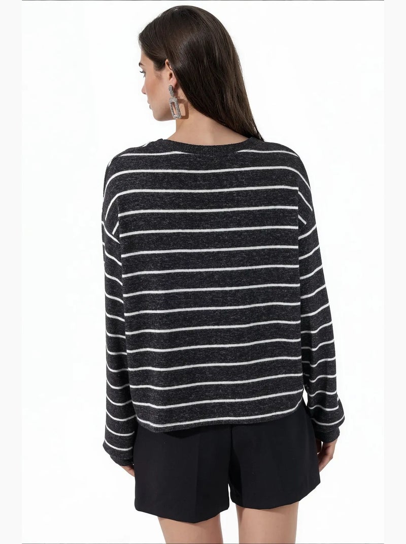 Jersey de canalé a rayas con cuello redondo busem Gris negro - Kiabi