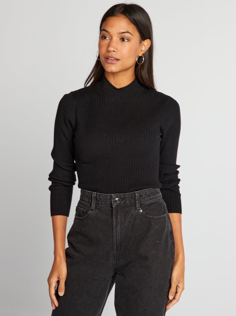 Jersey de canalé con cuello alto negro - Kiabi
