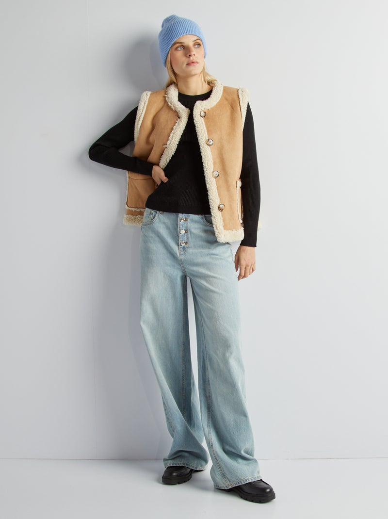 Jersey de canalé con cuello redondo negro - Kiabi