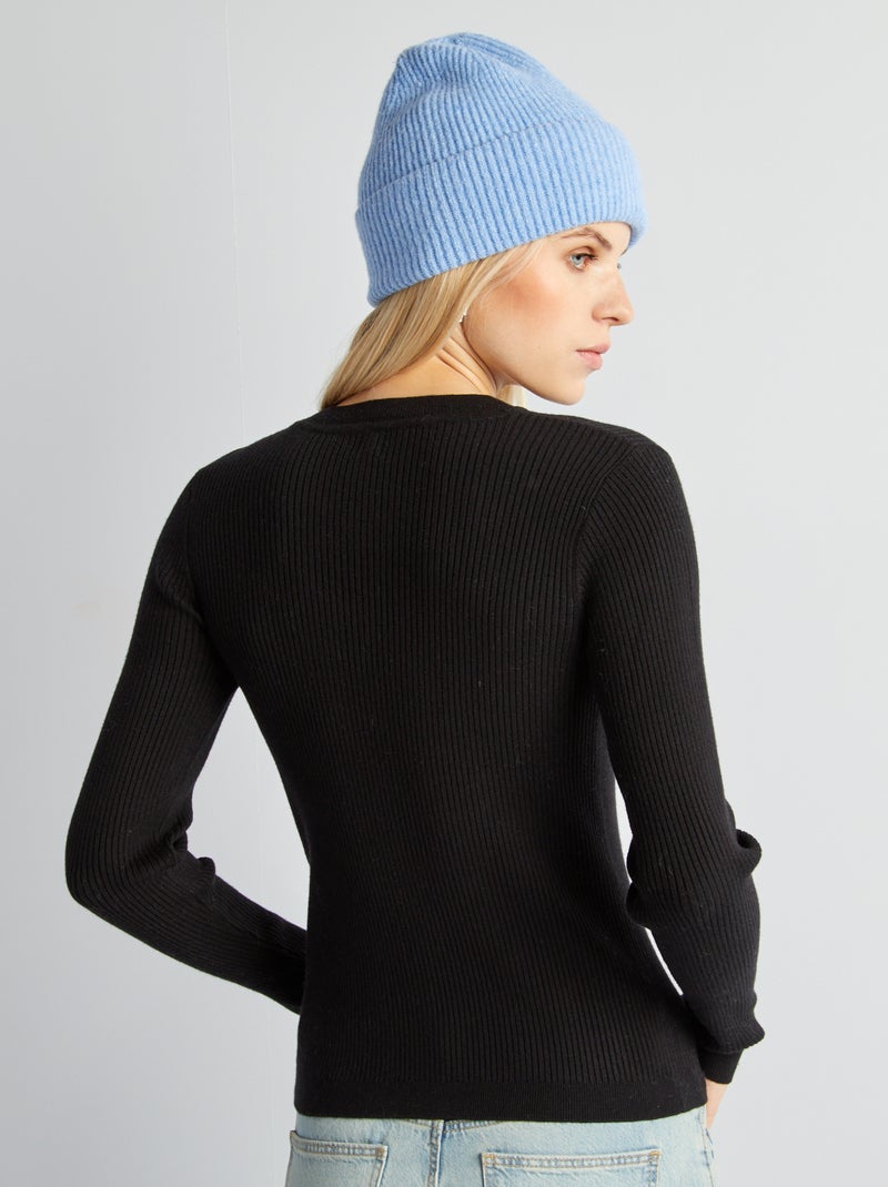 Jersey de canalé con cuello redondo negro - Kiabi