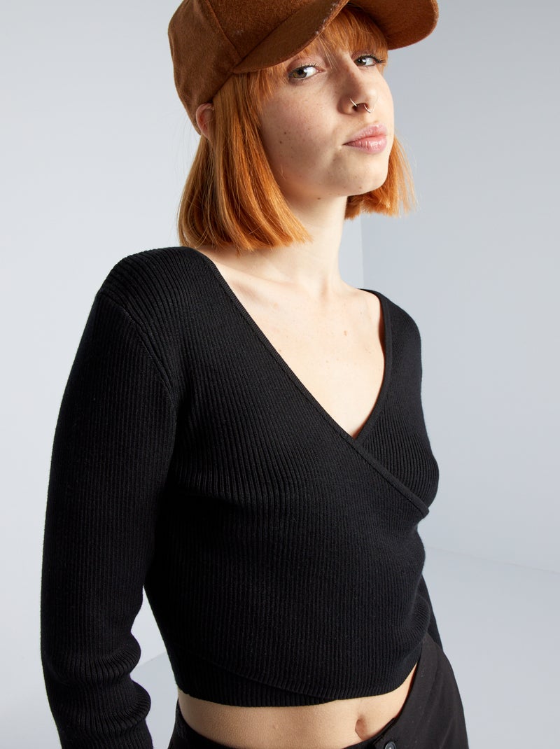 Jersey de canalé con escote cruzado negro - Kiabi