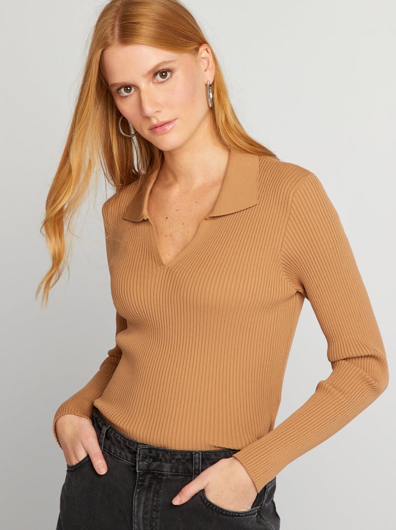 Jersey de canalé cuello de pico BEIGE - Kiabi