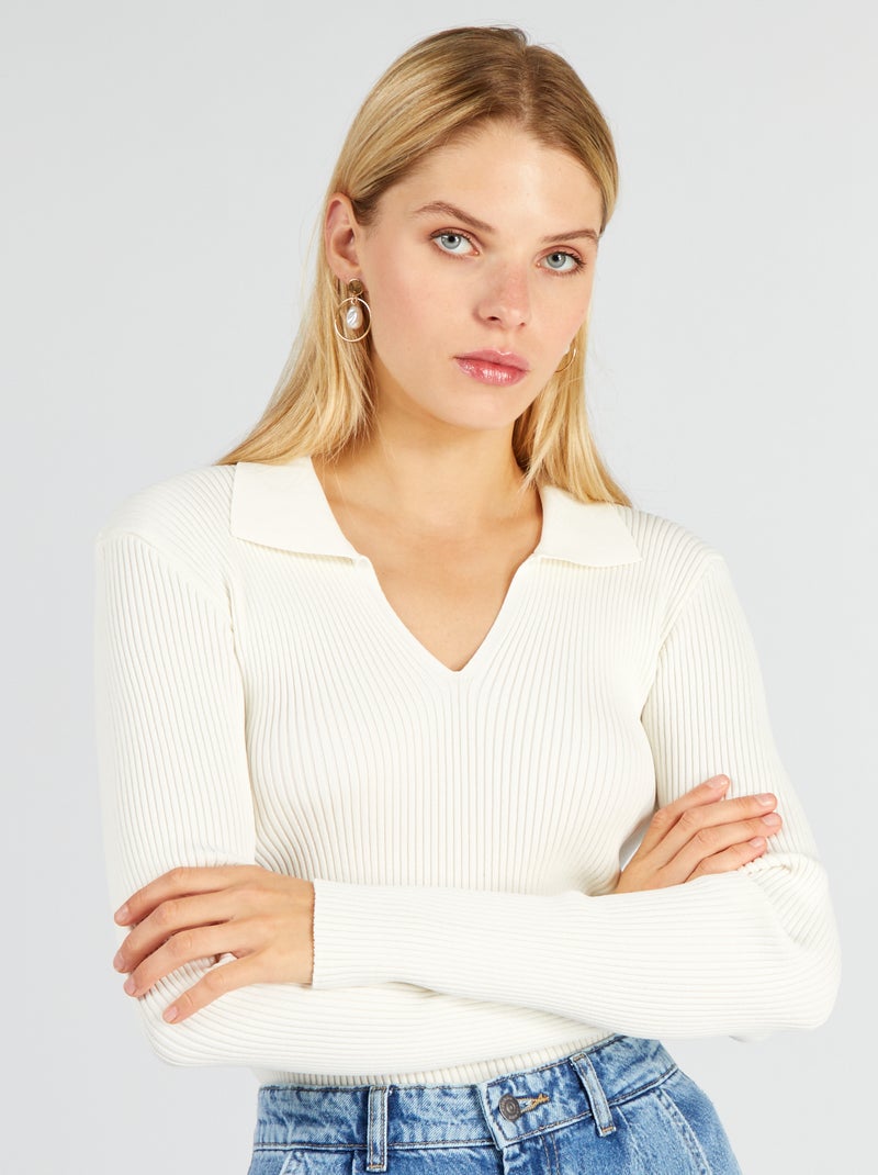 Jersey de canalé cuello de pico BLANCO - Kiabi