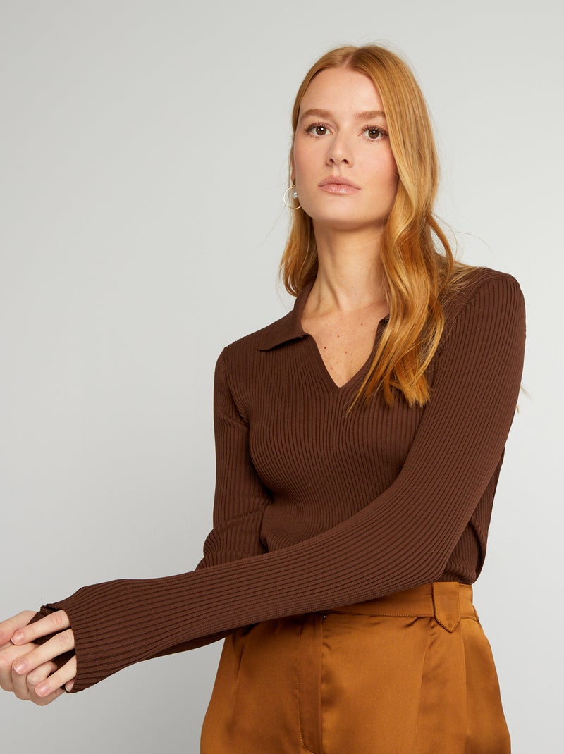 Jersey de canalé cuello de pico MARRON - Kiabi