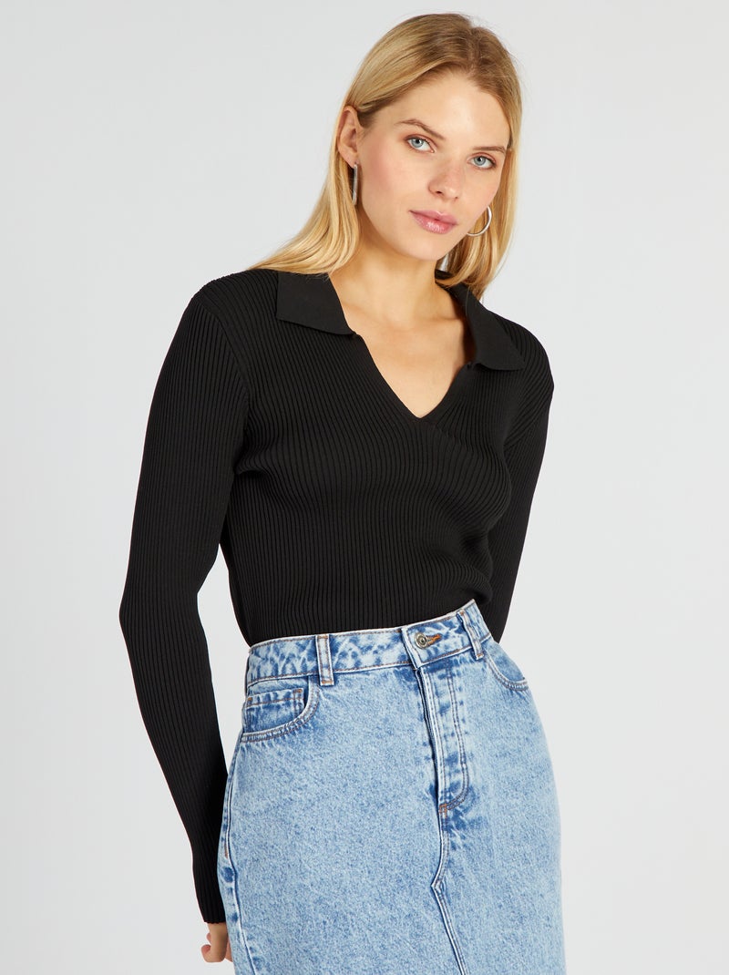 Jersey de canalé cuello de pico negro - Kiabi