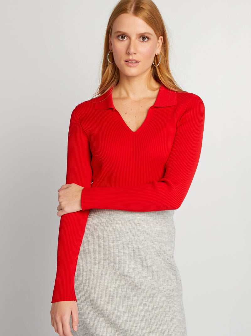 Jersey de canalé cuello de pico ROJO - Kiabi
