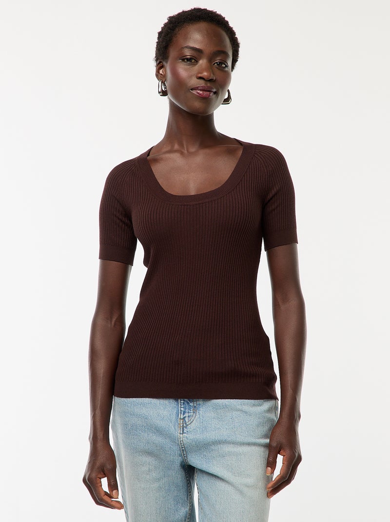 Jersey de canalé de manga corta con cuello redondo pronunciado Marron - Kiabi