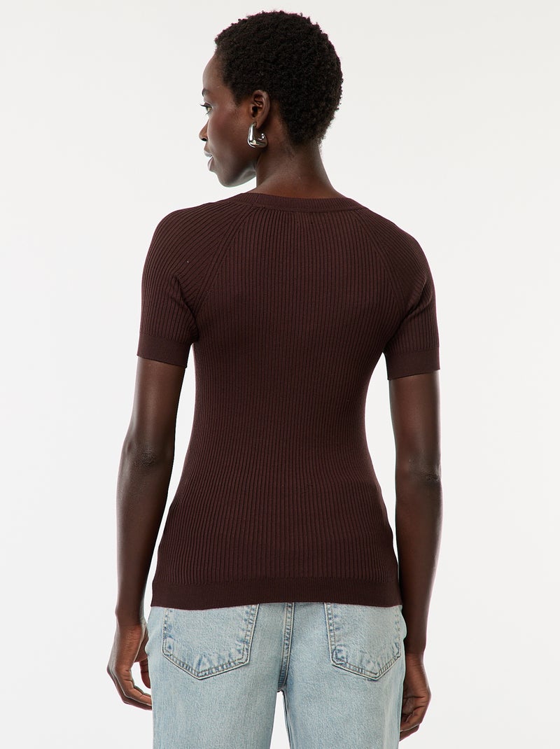 Jersey de canalé de manga corta con cuello redondo pronunciado Marron - Kiabi
