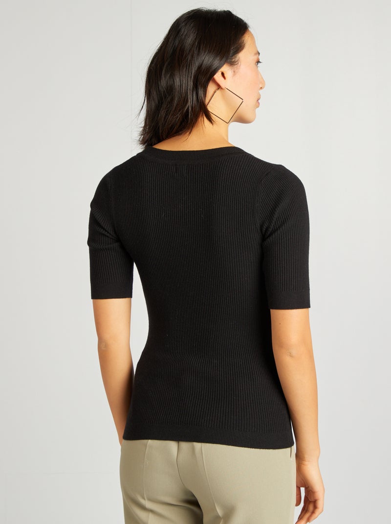 Jersey de canalé de manga corta negro - Kiabi