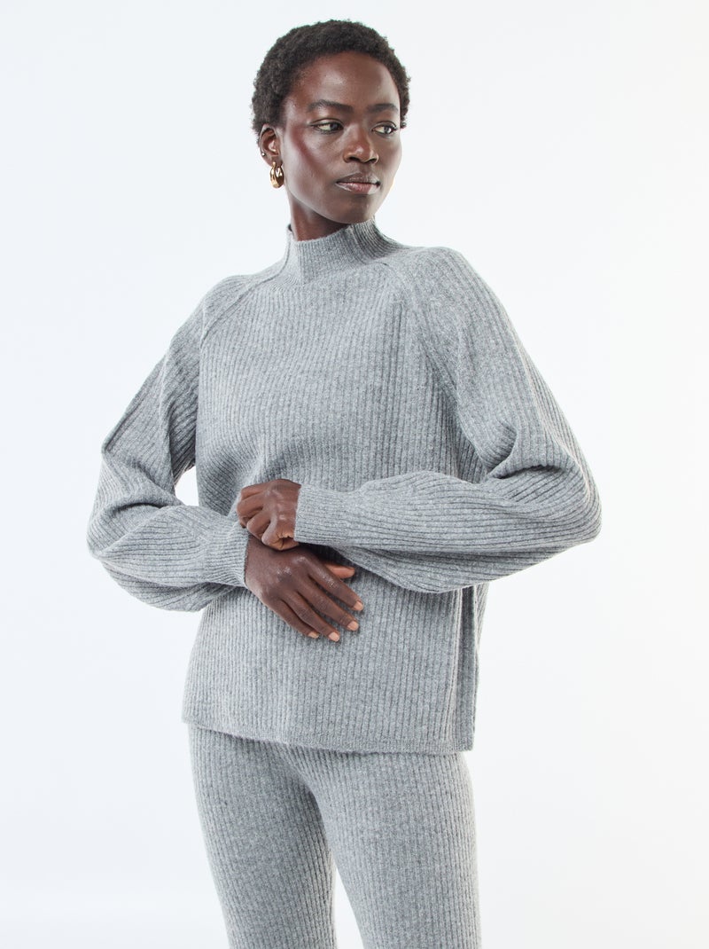 Jersey de canalé de manga larga y cuello alto Gris Mujer - Main Image