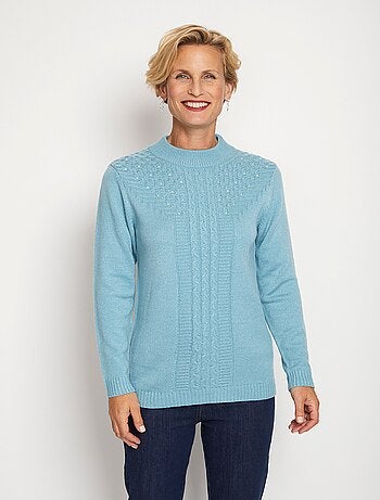 Jersey de canalé de ochos suave con strass y cuello alto - Afibel