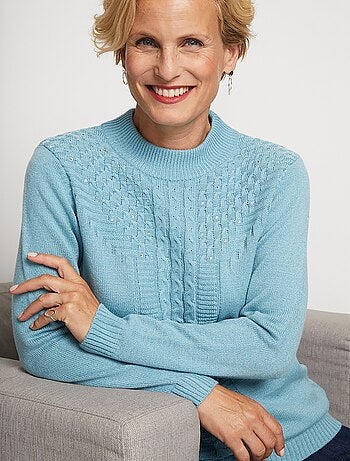 Jersey de canalé de ochos suave con strass y cuello alto - Afibel