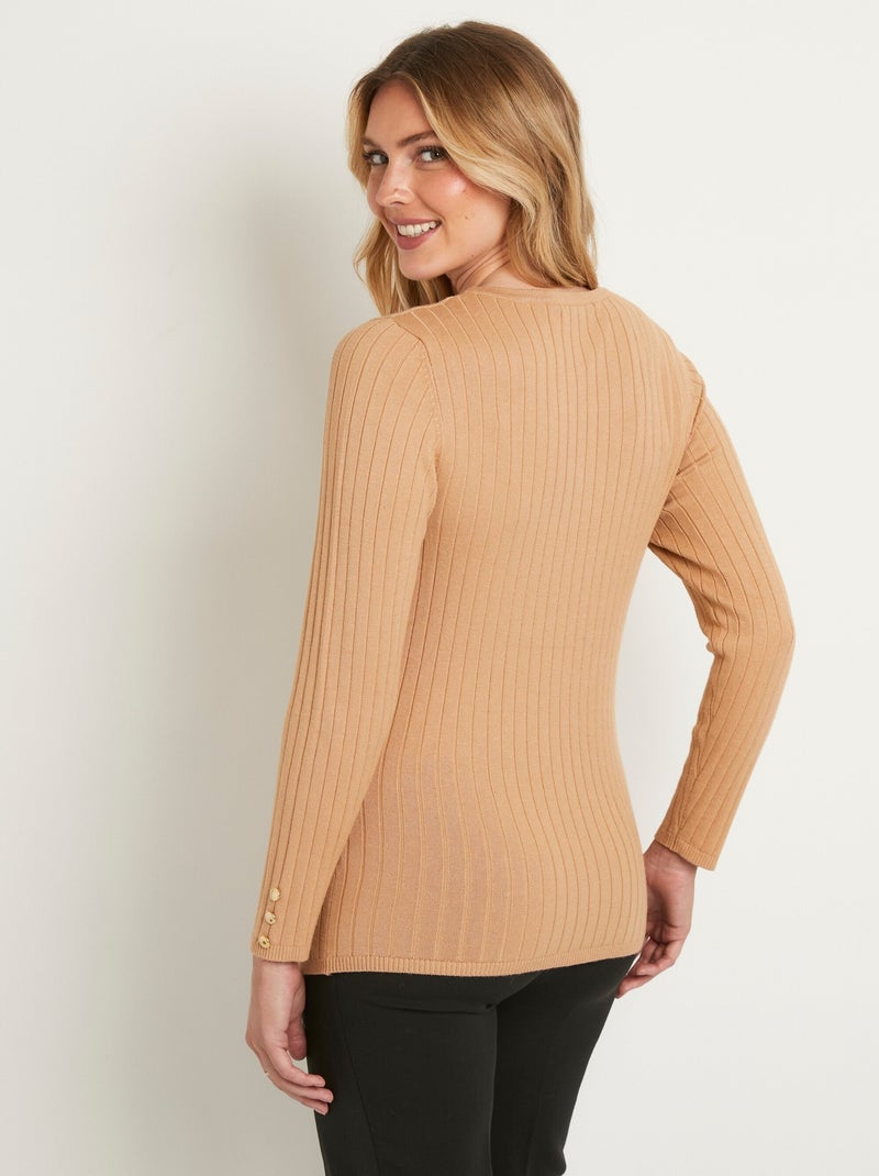 Jersey de canalé suave, corto, cuello redondo, canalé plano - Afibel Camel - Kiabi