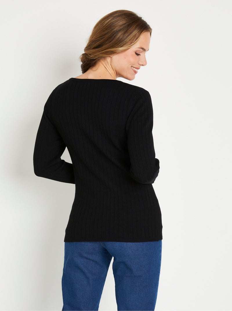 Jersey de canalé suave, corto, cuello redondo, canalé plano - Afibel Negro - Kiabi