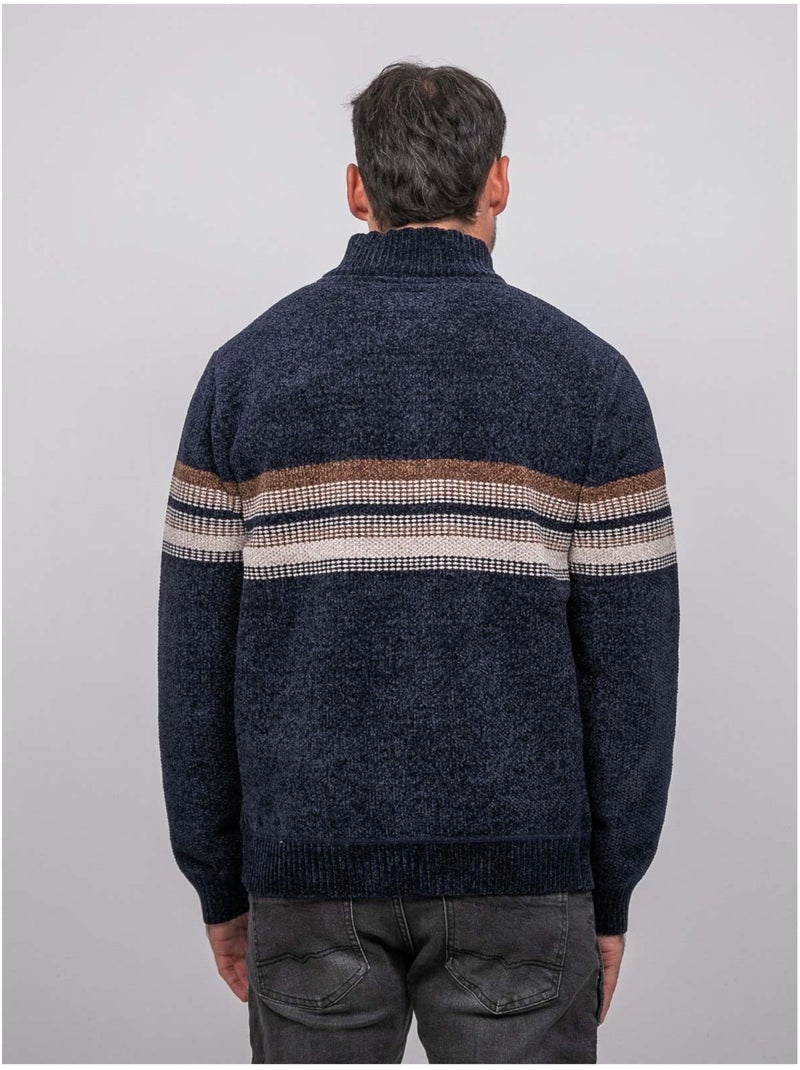 Jersey de chenilla con cuello camionero, cremallera y rayas latoria Azul marino - Kiabi