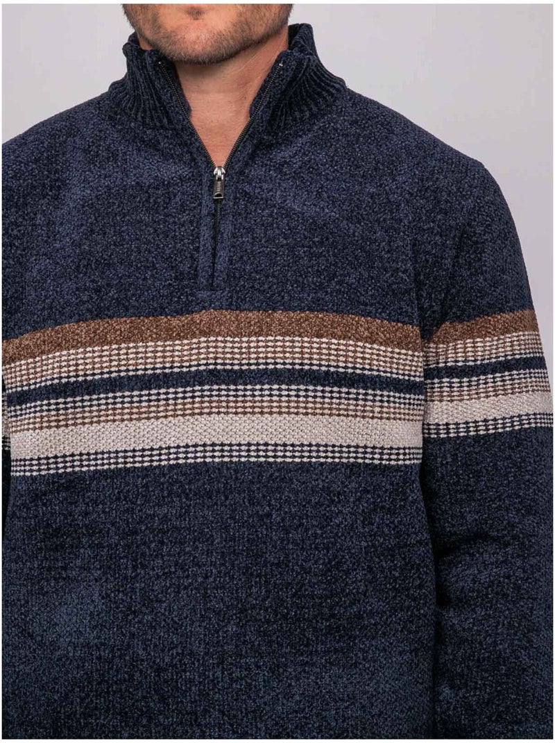 Jersey de chenilla con cuello camionero, cremallera y rayas latoria Azul marino - Kiabi